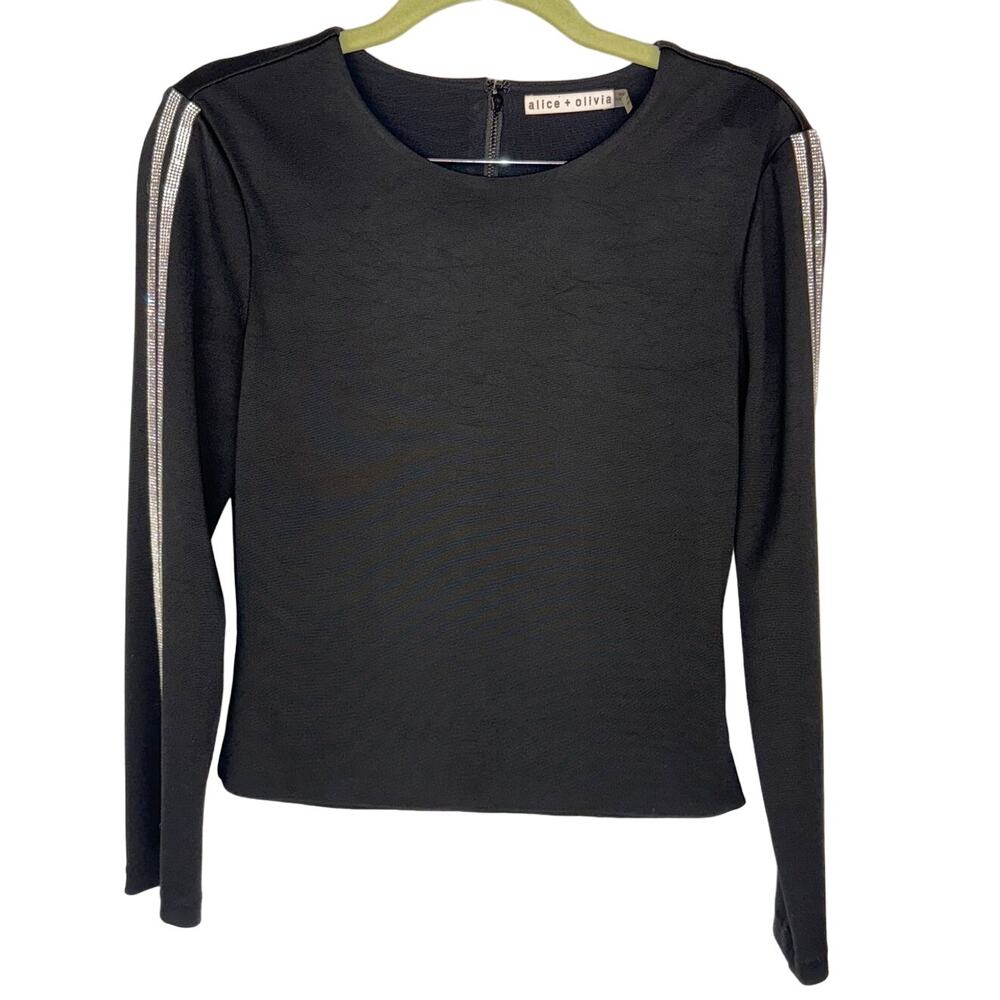 alice + olivia Black Raven Embellished Two Stripe Zip Crew Neck Stretch Top Sz 6